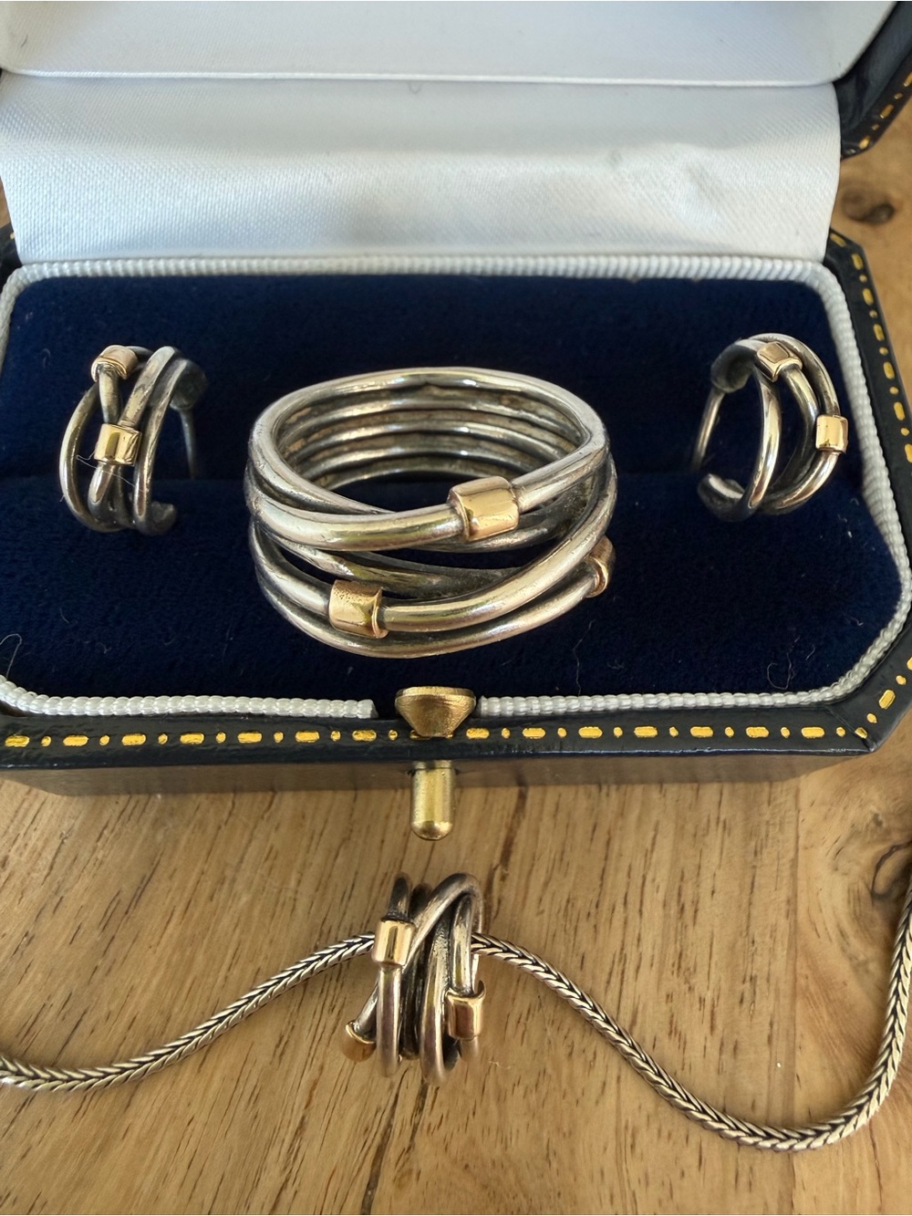 Pandora Two-Tone Silver and Gold Knot Necklace with Matching Ring and Earrings - Picture 2 of 5